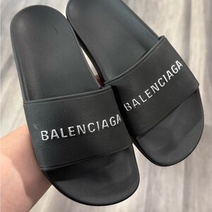 Balenciaga Black & Silver Logo Pool Slides